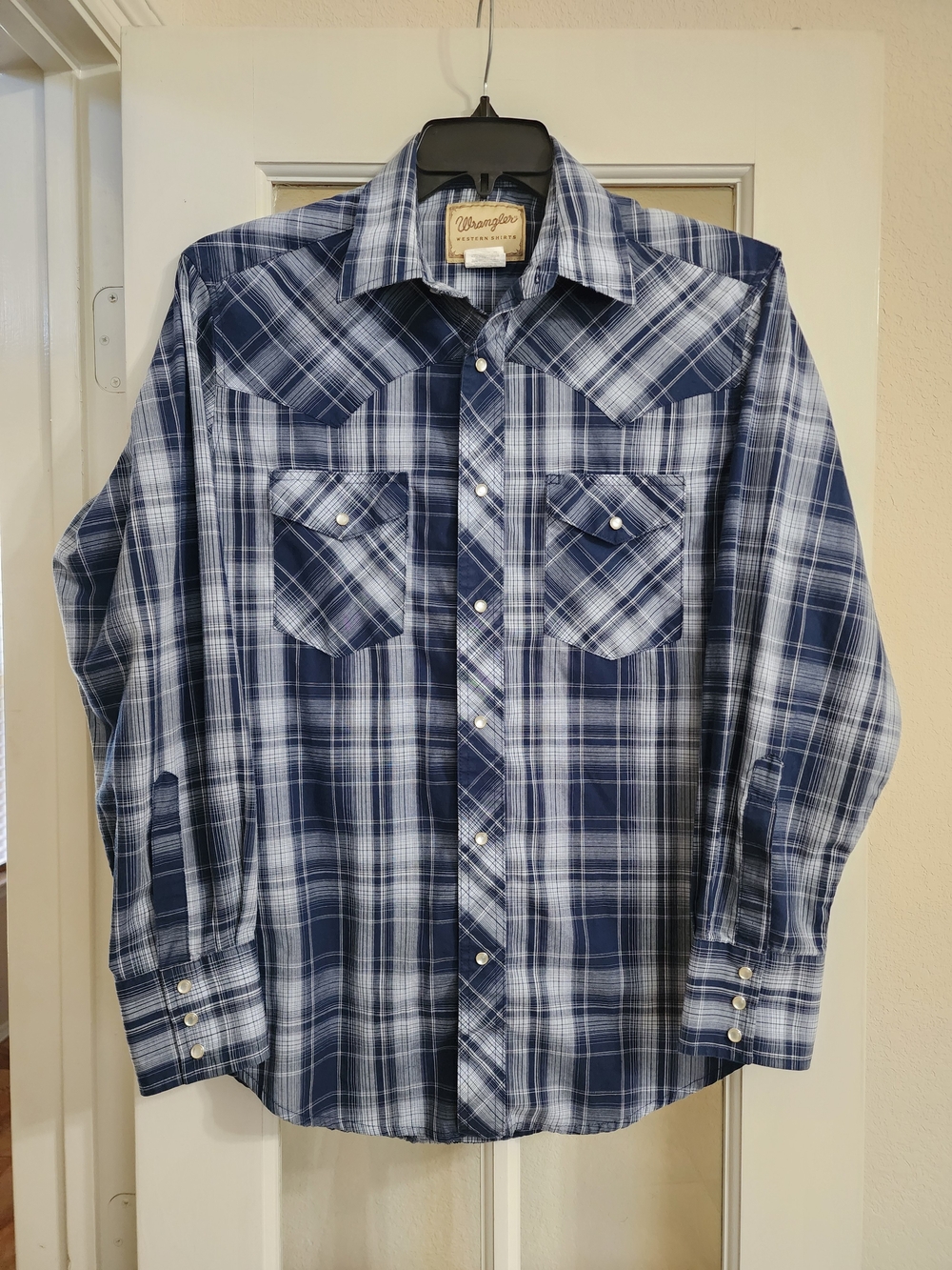 Wrangler Western Pearl Snap Plaid Shirt Blue White Cowboy Size M